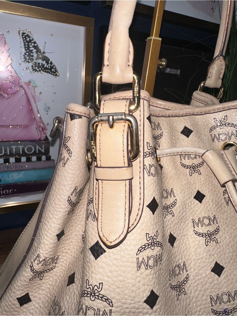 MCM Beige Visetos Drawstring Shoulder Bag with Black Logo Print - Picture 7 of 16